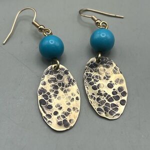 Handmade Hammered Brass & Turquoise Dangle Earrings - Boho Chic Statement